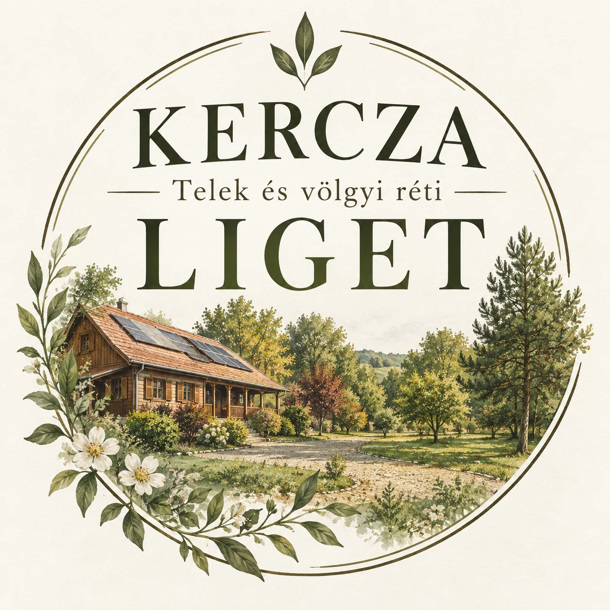 A Kercza Liget illusztrált emblémája gerendaházzal, fákkal és virágokkal.
